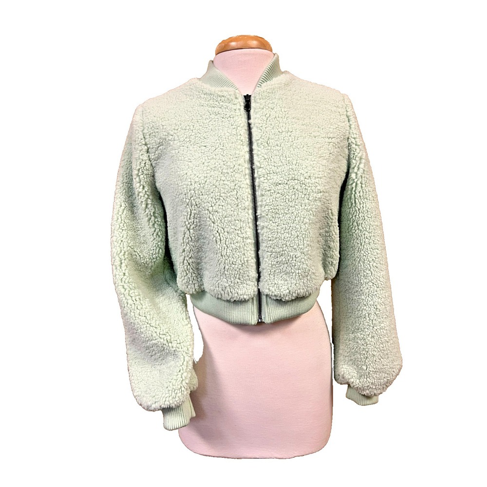 NWT TOCCIN (NY) Cropped Bomber Jacket Mint Green Sherpa Puff Sleeves Lined SZ XS